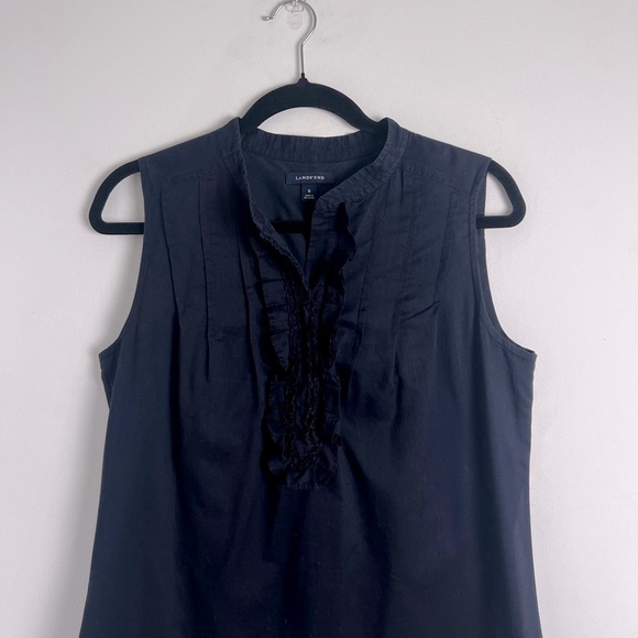Lands' End Navy Blue 100% Cotton Sleeveless Coastal Preppy Ruffle Pintuck Dress - Picture 3 of 9